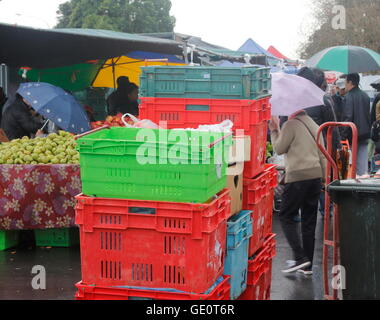 Vegetable and fruit boxes at the Sunday Market in Avondale, Auckland Stock Photo