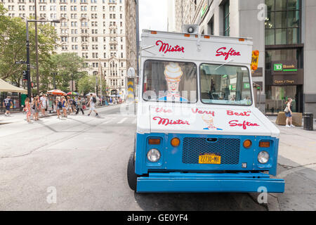 New York, USA - August 16, 2015: Ice cream truck delivering sundaes and cones parked in front of the Wall Street. Stock Photo