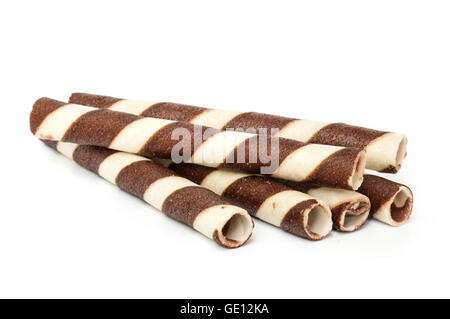 chocolate waffle rolls with chocolate cream,selective focus. Stock Photo