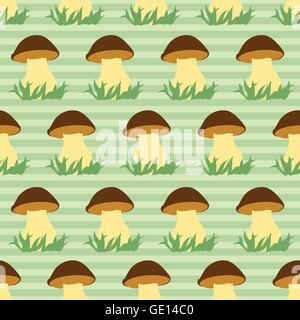 Seamless pattern with porcini on green striped background. Stock Vector