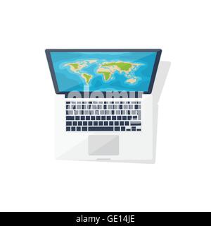 World map on the computer. Flat style. Navigation. Travel and tourism. Roupe planning. Vector illustration. Stock Vector