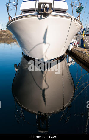 close view of front of boat anchored on Point Roberts marina, Washington state, USA Stock Photo