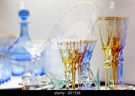 Current products Moser glassworks, company store display, Karlovy Vary, Bohemia crystal glass shop Czech Republic Glassware Stock Photo