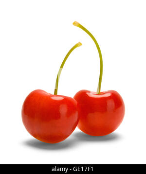 Two Red Cherries Side by Side Isolated on White Background. Stock Photo