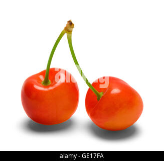 Two Red Cherries Together Isolated on White Background. Stock Photo