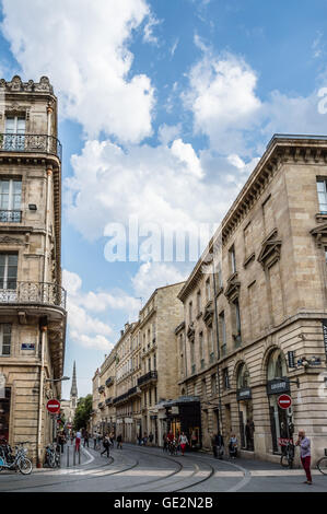 Bordeaux, France - July 25, 2014: Commercial street wit tram tracks in Bordeaux i Stock Photo