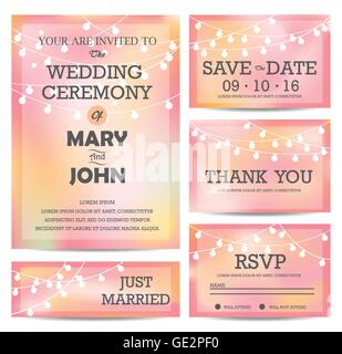 wedding invitation, RSVP, and Thank you card  templates,light and tree concept. can be use for party invitation, banner, web pag Stock Vector