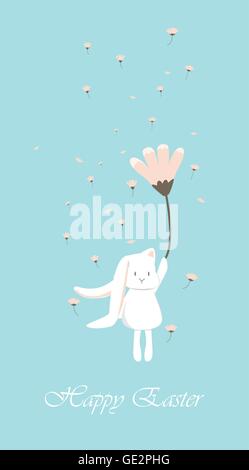 Happy easter day. cute bunny Ears with eggs and text  logo on sweet blue background, can be use for greeting card Stock Vector