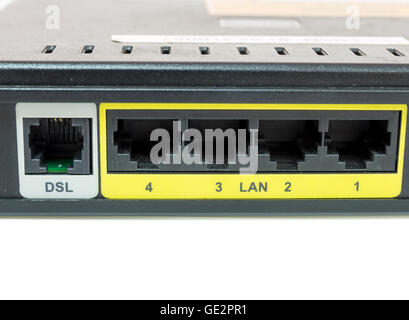 Close up network switch mount port for connect network and DSL Stock Photo