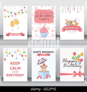 happy birthday, holiday, christmas greeting and invitation card.  there are balloon, gift boxes, confetti, cup cake, teddy bear. Stock Vector