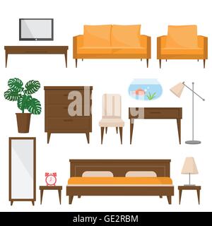 living room, bed room and office furniture in modern style. Beautiful design elements, perfect for any business related to the f Stock Vector