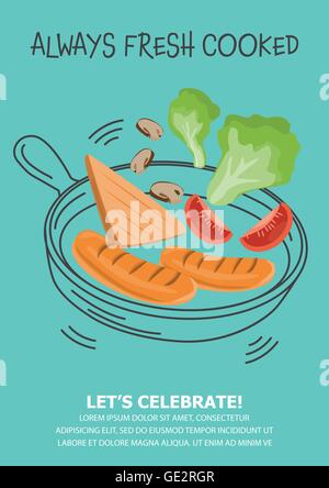 funny breakfast Posters and background set. flat and doodle design. there are egg, coffee , cereal with milk, pancake, bread, ve Stock Vector