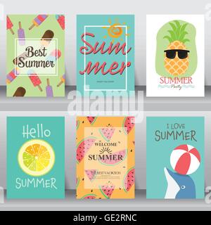 summer, holiday, vacation poster set. flat design. can be use for greeting and invitation card.  background , backdrop.  layout Stock Vector