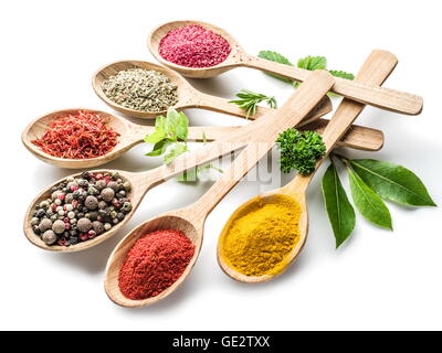 Assortment of colorful spices in the wooden spoons on the white background. Stock Photo