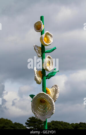 Knitted garden floral art, knit flower patterns, artwork of oversize stalk, colorful large tall knitted, big crocheted flowers, reaching for the sky. Stock Photo