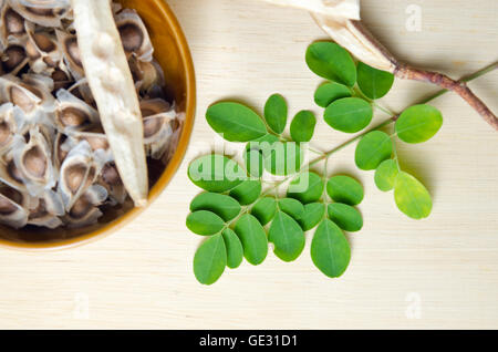 Moringa leaf and seed on wooden board background (Other names are Moringa oleifera Lam., MORINGACEAE, Futaba kom hammer, vegetab Stock Photo