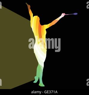 Modern rhythmic gymnastics young woman with clubs in acrobatics silhouette illustration vector background colorful concept made  Stock Vector