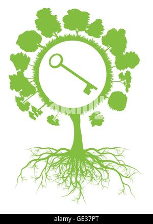 Tree world globe ecology vector background concept with roots and key for poster Stock Vector