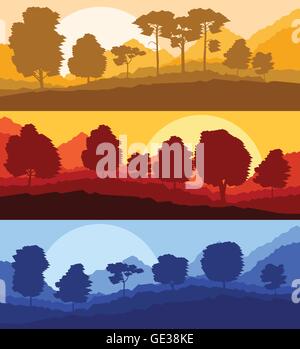 Forest trees silhouettes landscape illustration collection background ...