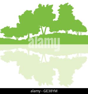 Forest trees wild nature silhouettes landscape illustration background vector ecology concept with abstract reflection in water  Stock Vector