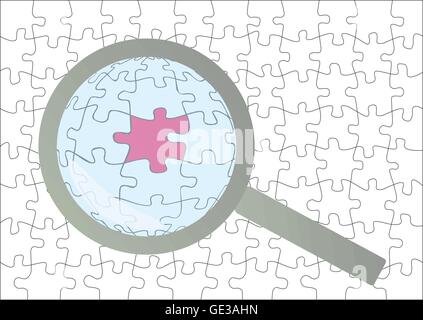 Solution concept with magnifying glass and puzzle piece vector background Stock Vector