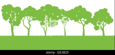 Forest trees silhouettes landscape illustration background vector card template Stock Vector
