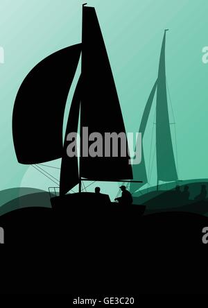 Yacht sports sailing with active men in sea and ocean background illustration vector Stock Vector