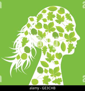 Woman head made with leaves ecology vector background concept for poster Stock Vector