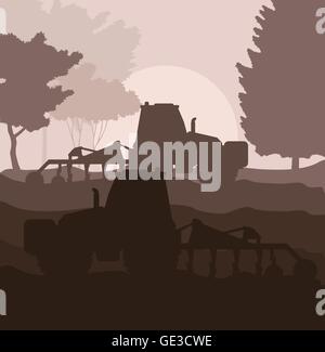 tractor plowing field on rural village landscape Stock Vector Image ...