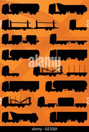Detailed highway truck, trailer and oil cisterns editable silhouettes illustration collection background vector Stock Vector
