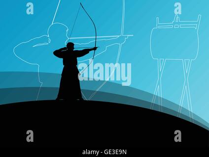 Active japanese kendo sport kyudo archer martial arts fighter bow silhouette abstract illustration background vector Stock Vector