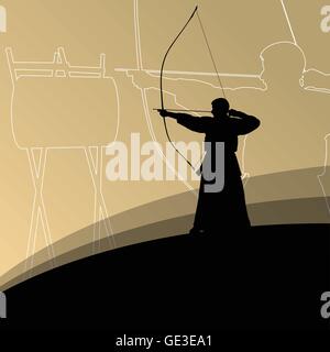 Active japanese kendo sport kyudo archer martial arts fighter bow silhouette abstract illustration background vector Stock Vector