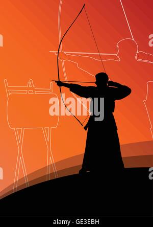 Active japanese kendo sport kyudo archer martial arts fighter bow silhouette abstract illustration background vector Stock Vector