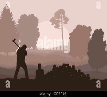 Lumberjack with axe vector background in nature for poster Stock Vector