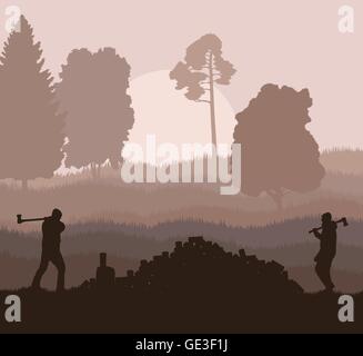 Lumberjack with axe vector background in nature for poster Stock Vector