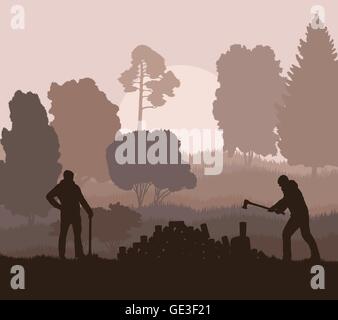 Lumberjack with axe vector background in nature for poster Stock Vector