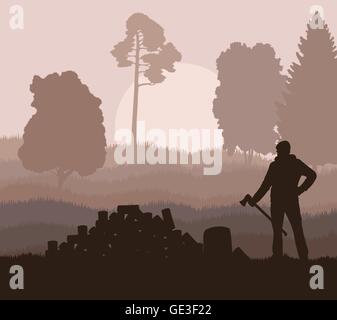 Lumberjack with axe vector background in nature for poster Stock Vector