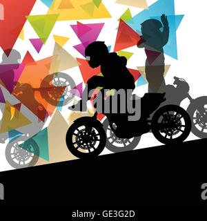 Motorcycle performance extreme stunt driver man and woman in abstract sport landscape background illustration vector Stock Vector