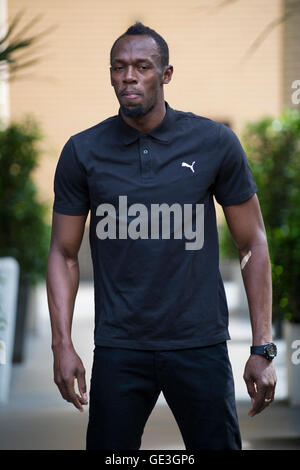 London, UK. 21st July, 2016. Usain Bolt of Jamaica arrives for a press conference ahead of the Muller Anniversary Games at The Stadium - Queen Elizabeth Olympic Park on July 21, 2016 in London, England. Credit:  Gary Mitchell/Alamy Live News Stock Photo