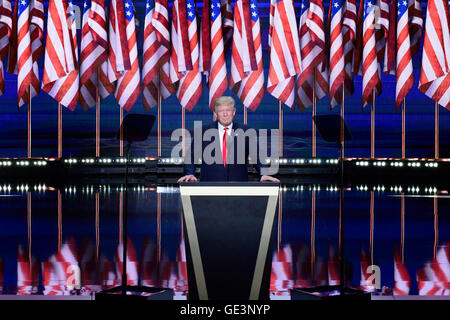 Cleveland, USA. 21st July, 2016. Donald J. Trump arrives to deliver his acceptance speech as the GOP candidate for President of the United States at the 2016 Republican National Convention held at the Quicken Loans Arena in Cleveland, Ohio on Thursday, July 21, 2016. Credit: Ron Sachs/CNP (RESTRICTION: NO New York or New Jersey Newspapers or newspapers within a 75 mile radius of New York City) © dpa/Alamy Live News Stock Photo