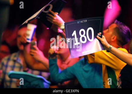 Empress Ballroom, Blackpool, UK. 23rd July, 2016. BetVictor World Matchplay Darts. Supporters with their banners Credit:  Action Plus Sports/Alamy Live News Stock Photo