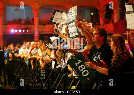 Empress Ballroom, Blackpool, UK. 23rd July, 2016. BetVictor World Matchplay Darts. Supporters with their banners Credit:  Action Plus Sports/Alamy Live News Stock Photo