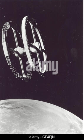 This the classic space station image from the movie 2001: A Space Odyssey, directed by Stanley Kubrick in 1968. Praised for its special effects, the movie based its space station concept on Wernher Von Braun's model. Kubrick's station in the movie was 900 feet in diameter, orbited 200 miles above Earth, and was home to an international contingent of scientists, passengers, and bureaucrats.  Image # : 2001SpaceStation  January 1, 1968 Stock Photo