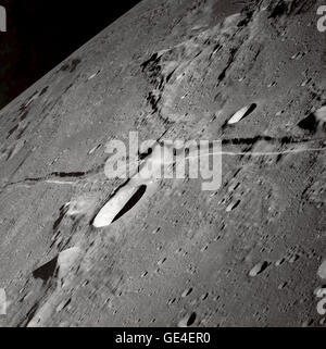 (May 23, 1969) This oblique view of the Moon's surface was photographed by the Apollo 10 astronauts in May of 1969. Center point coordinates are located at 13 degrees, 3 minutes east longitude and 7 degrees, 1 minute north latitude. One of the Apollo 10 astronauts attached a 250mm lens and aimed a handheld 70mm camera at the surface from lunar orbit for a series of pictures in this area.   Image # : AS10-31-4646 Stock Photo