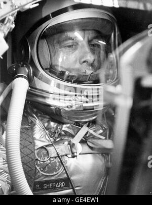 (April 29, 1961) A closeup of astronaut Alan Shepard in his space suit seated inside the Mercury capsule. He is undergoing a flight simulation test with the capsule mated to the Redstone booster.  Image # : 61-10515 Stock Photo
