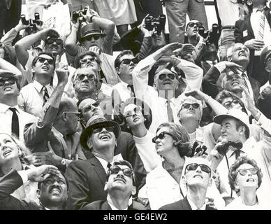 Kennedy Space Center Deputy Director for Administration, Albert Siepert, seated at left on third row, points out highlights of Apollo 10 liftoff to Belgium's King Baudouin and Queen Fabiola. Next to the queen is Mrs. Siepert. Former Vice President Hubert Humphrey, in baseball cap at right, talks with Mr. And Mrs. Emil Mosbacher, seated next to him. Mr. Mosbacher is the Chief of U.S. Protocol. The Apollo 10 astronauts were launched by an Apollo/Saturn V space vehicle at 12:49 pm EDT, May 18, 1969, from KSC launch complex 39B.   Image # : 108-KSC-69P-352 Date: May 18, 1969 Stock Photo