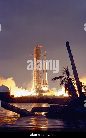 The Apollo 14 Saturn V, carrying Astronauts Alan B. Shepard, Jr., Stuart A. Roosa, and Edgar D. Mitchell, lifted off at 4:03 p.m. Eastern Standard Time on January 31, 1971, from the Kennedy Space Center Launch Complex 39A, to begin the fourth manned lunar landing mission.  Image # : 71PC-0152 Date: January 31, 1971 Stock Photo