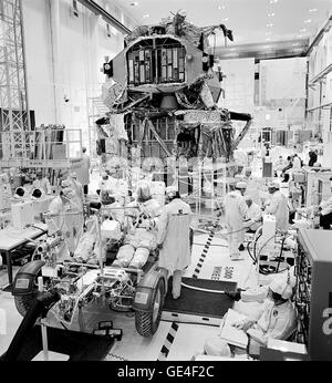 (August 9, 1972) The Kennedy Space Center launch team is shown here continuing the checkout of Apollo 17 flight hardware for the final lunar exploration mission of Project Apollo. A mission simulation to check out the lunar roving vehicle and all its systems was successfully carried out. Participating in the test, conducted in conjunction with the Manned Spacecraft Center (now the Johnson Space Center) in Houston, Texas, were prime crew members Harrison H. Schmitt, Lunar Module Pilot, left, and Eugene A. Cernan, Commander. Rollout of the Apollo 17 space vehicle to Complex 39's Pad A happened o Stock Photo