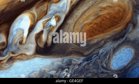 At about 89,000 miles in diameter, Jupiter could swallow 1,000 Earths. It is the largest planet in the solar system and perhaps the most majestic. Vibrant bands of clouds carried by winds that can exceed 400 mph continuously circle the planet's atmosphere. Such winds sustain spinning anticyclones like the Great Red Spot -- a raging storm three and a half times the size of Earth located in Jupiter’s southern hemisphere. In January and February 1979, NASA's Voyager 1 spacecraft zoomed toward Jupiter, capturing hundreds of images during its approach, including this close-up of swirling clouds aro Stock Photo