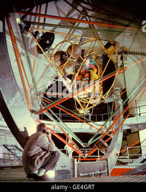 (December 16, 1959) MASTIF - Multiple Axis Space Test Inertia Facility - was developed for Project Mercury to train astronauts in gaining control over a spacecraft that could move in multiple directions at once--pitching, rolling and yawing all at the same time. MASTIF was also known as the Gimbal Rig and is shown here in Altitude Wind Tunnel (AWT) at Lewis Research Center, now John H. Glenn Research Center at Lewis Field.  Image # : C1959-230 Stock Photo